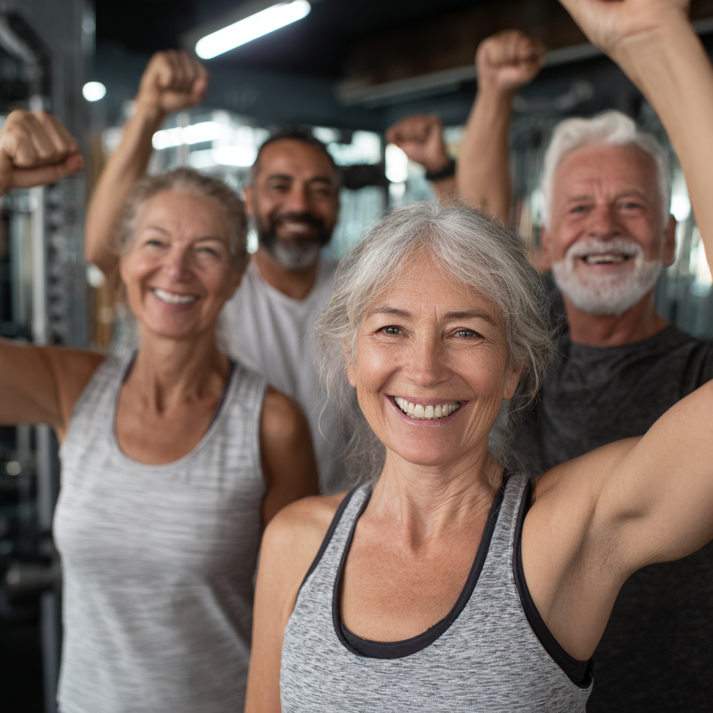 diverse group of middle-aged adults celebrating fitness achievements together in modern gym environment