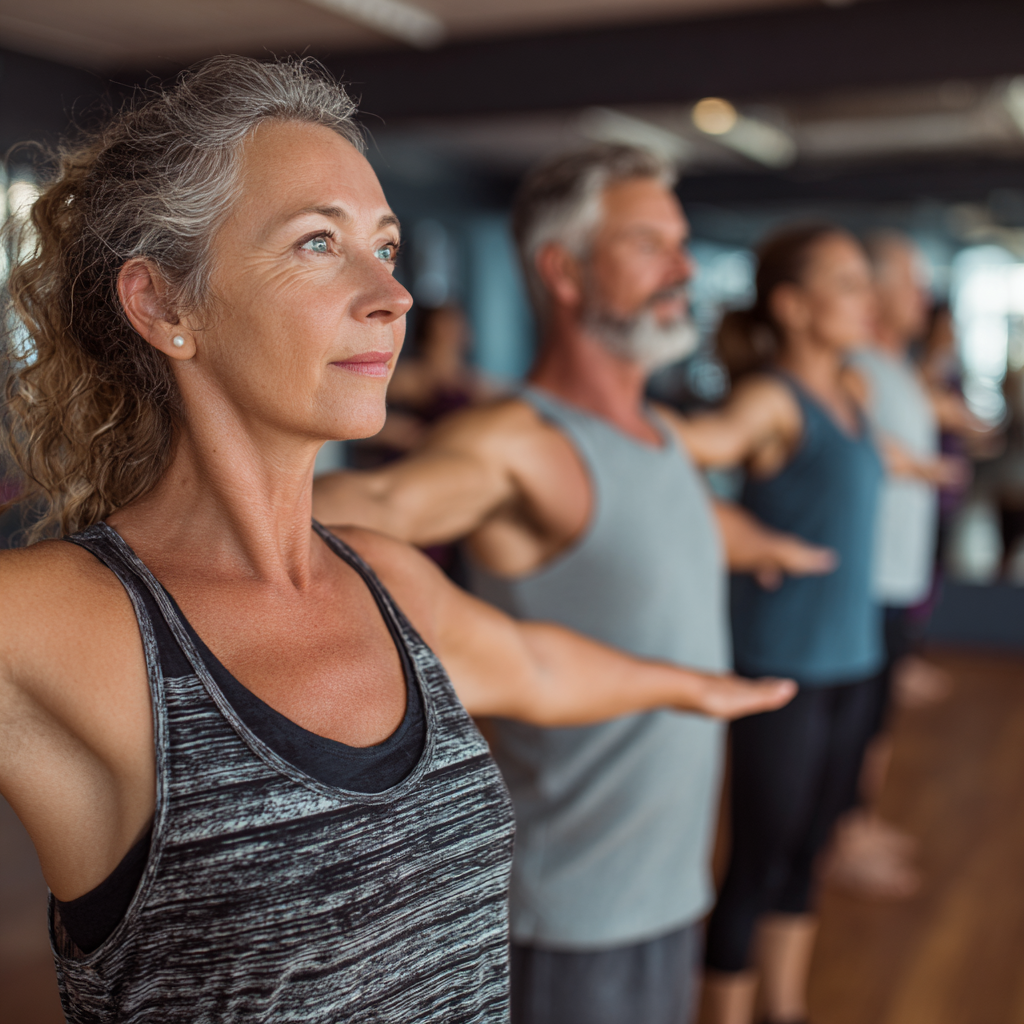 mature adults engaging in group fitness class with focus on proper form and mindful movement